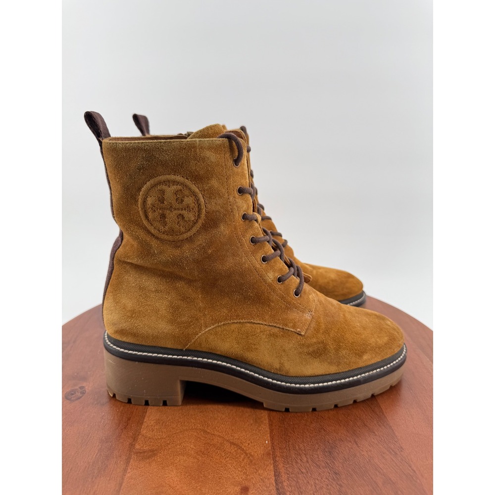 Tory Burch Miller Lug Sole Combat Boots Tan Suede Lace Up Side Zip Womens‎ 9M